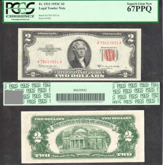 $2 1953-C Legal Tender Red Seal Deuce PCGS Superb Gem New 67PPQ