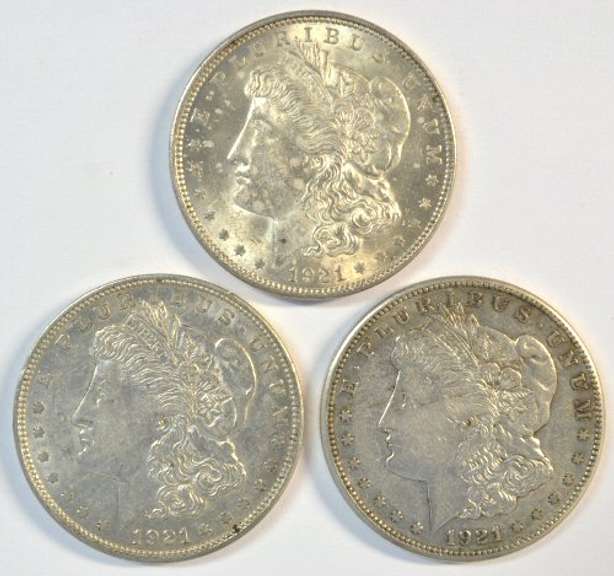 Very nice 1921 P-D-S Morgan Silver Dollars. Last year issue