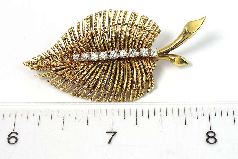 Intricate Leaf Brooch Pin with Diamonds, 14KT Yellow Gold
