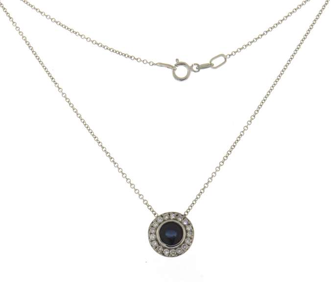 Majestic White Gold Sapphire and Diamond Halo Bezel Set Necklace