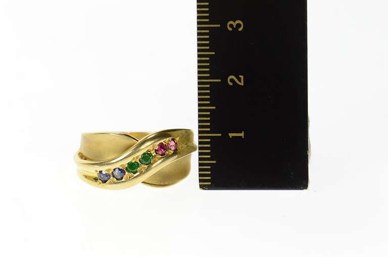 14K Yellow Gold Retro Syn. Emerald Ruby Sapphire Criss Cross Ring