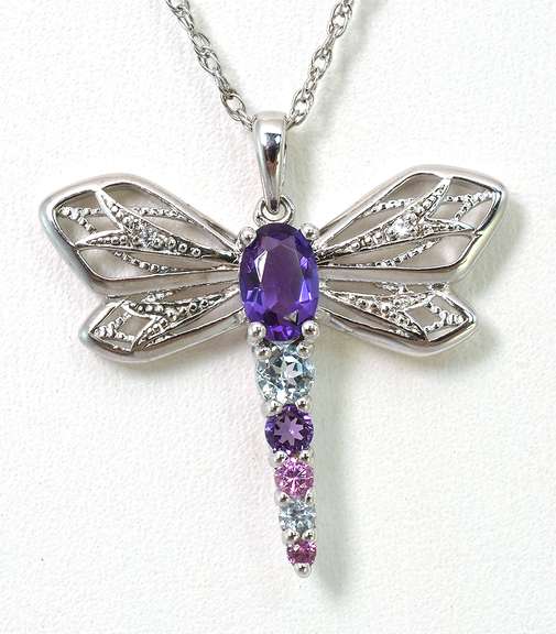 Sweet Amethyst & Topaz Dragonfly Necklace in Sterling Silver