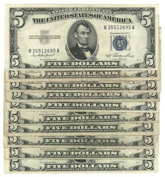 10 Assorted 1934 & 1953 $5 Blue Seal Silver Certificates