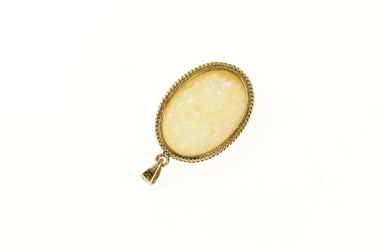 14K Yellow Gold Oval Natural Opal Retro Classic Statement Pendant