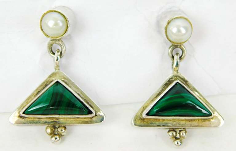 Sterling Malachite & Pearls Dangle Earrings
