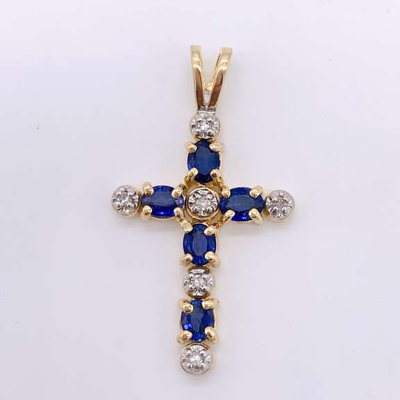 14kt Gold, Blue Sapphire, & Diamond Cross Pendant