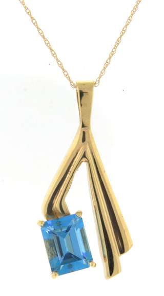 Powerful Emerald Cut Blue Topaz Wishbone Pendant on Chain