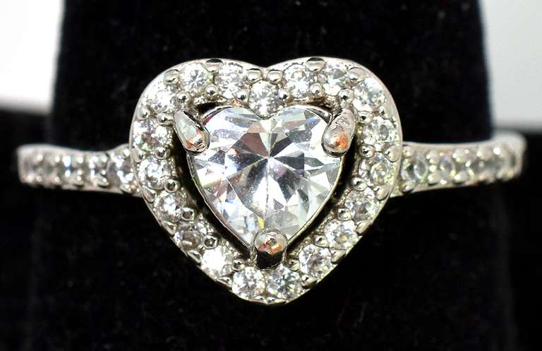 Cute Heart CZ Halo Ring in Sterling Silver