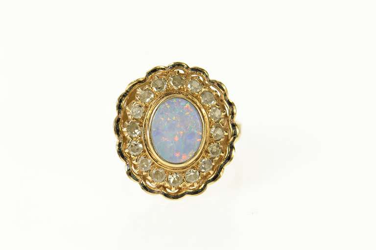 14K Yellow Gold Natural Opal Diamond Halo Victorian Cocktail Ring