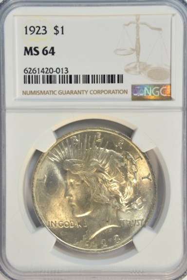 Virtual Gem BU 1923 Peace Silver Dollar. NGC MS64
