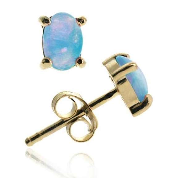 18K Gold over Sterling Silver Created Blue Opal 6x4 Oval Stud Earrings