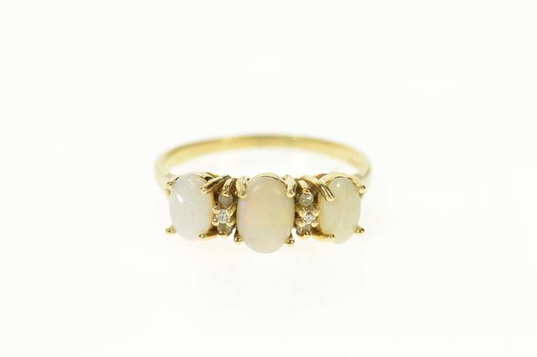 10K Yellow Gold Three Stone Opal Diamond Accent Classic Ring