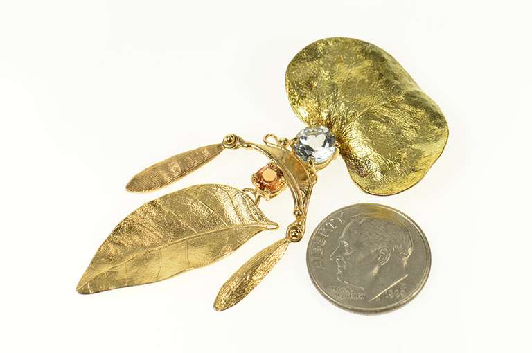 14K Yellow Gold Blue Topaz Citrine Leaf Fringe Statement Pin/Brooch