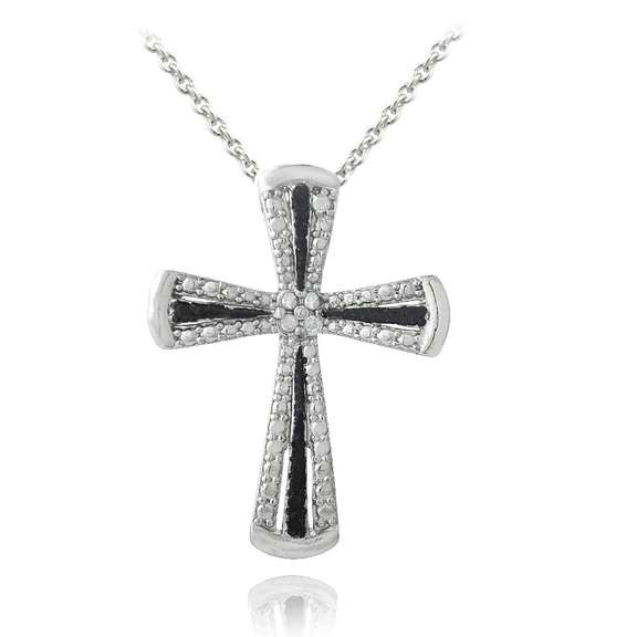 1/10ct Black & White Diamond Accent Ribbon Cross Necklace
