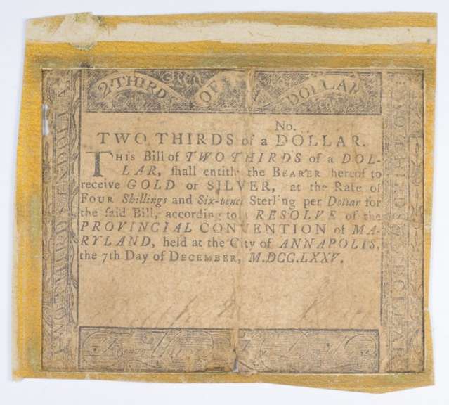 1775 Colonial Maryland - Annapolis 2/3 Dollar Note