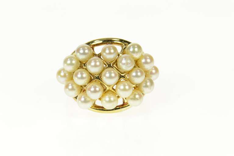 14K Yellow Gold Retro Domed Pearl Cluster Statement Band Ring