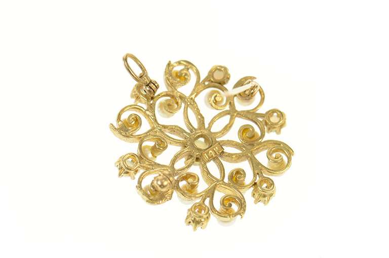 14K Yellow Gold Retro Pearl Natural Opal Round Cluster Pendant/Pin