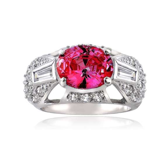 Sterling Silver Created Pink Sapphire and Simulated Diamond CZ baguette and Pave Filigree Ring
