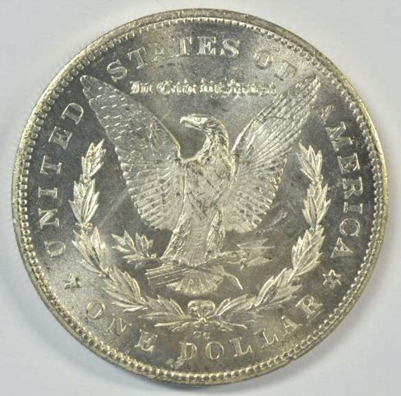Frosty-white BU 1878-CC Morgan Silver Dollar. Key date