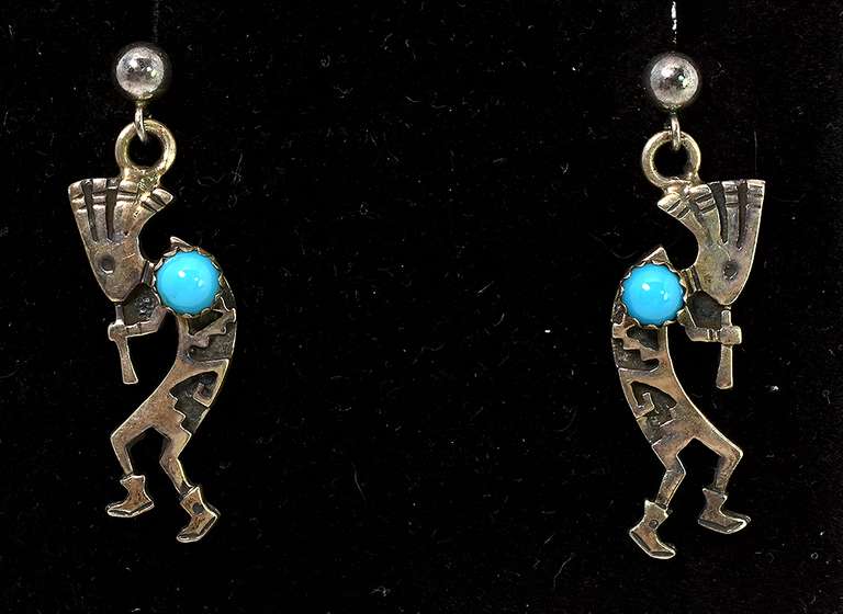 Awesome Kokopelli Earrings with Turquoise Beads in Sterling Silver