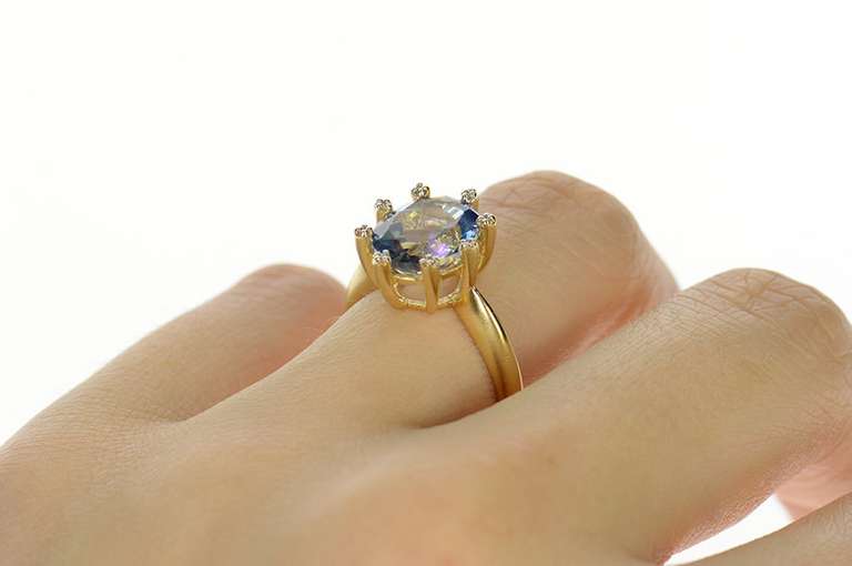 14K Yellow Gold Blue Mystic Topaz Diamond Halo Cocktail Ring