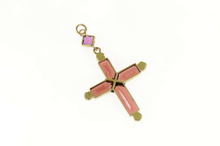 14K Yellow Gold Ornate Sim. Garnet Diamond Seed Pearl Cross Pendant