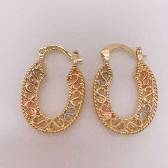 Fancy Italian 18kt Gold Plated Filigree Tricolor Hoop Earrings