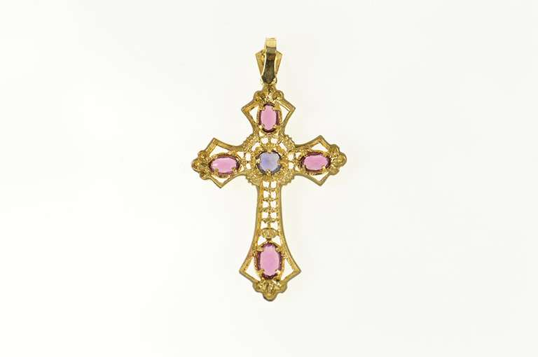 14K Yellow Gold Sapphire Purple Tourmaline Elaborate Cross Pendant