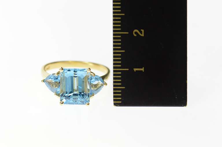14K Yellow Gold Three Stone Emerald Blue Topaz Statement Ring