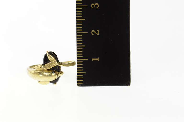 10K Yellow Gold Oval Black Onyx Dolphin Bypass Wrap Ring