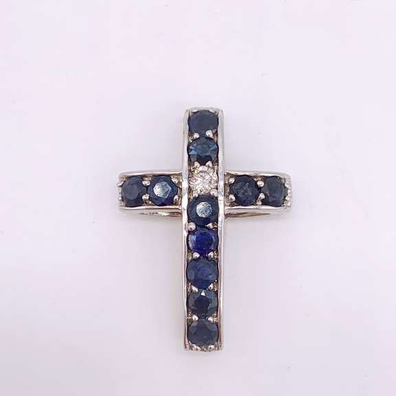 14kt Gold, Blue Sapphire, & Diamond Cross Pendant