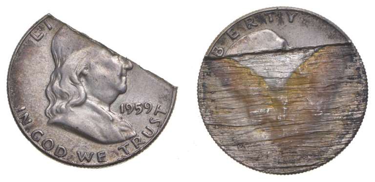 Mint Error - 1959 Franklin Half Dollar - Split Planchet - Circulated