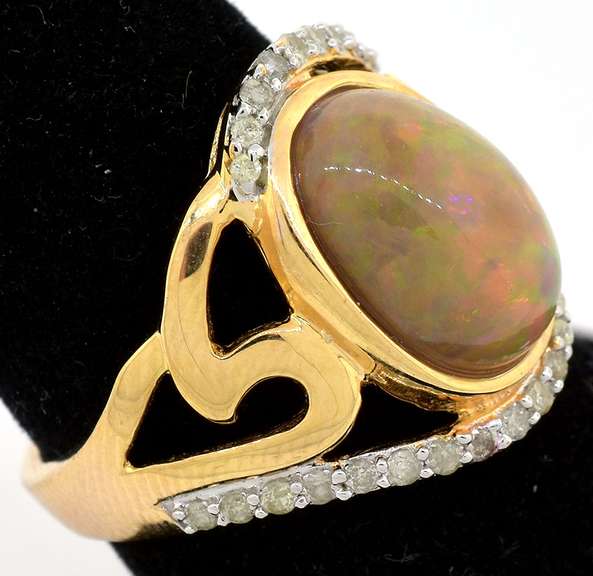 Ethereal Cabochon Cut Ethiopian Opal & Diamond Ring in Vermeil