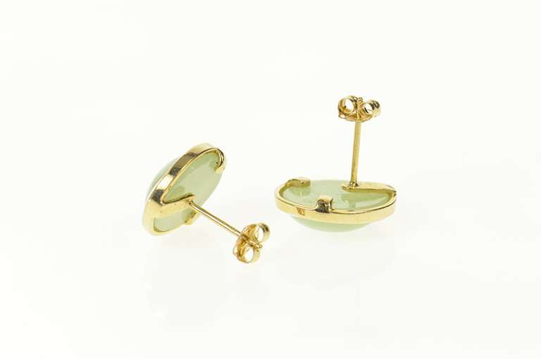14K Yellow Gold Oval Jadeite Cabochon Classic Stud Earrings