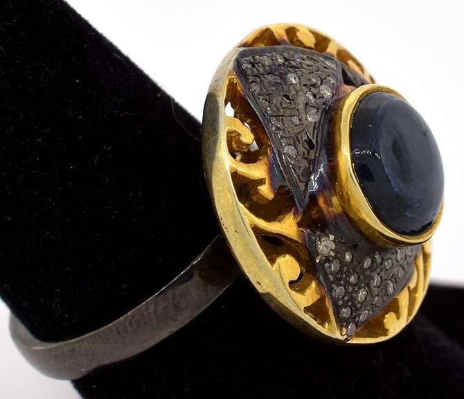 Amazing Star Sapphire & Diamond Filigree Ring in Anodized Sterling & Vermeil