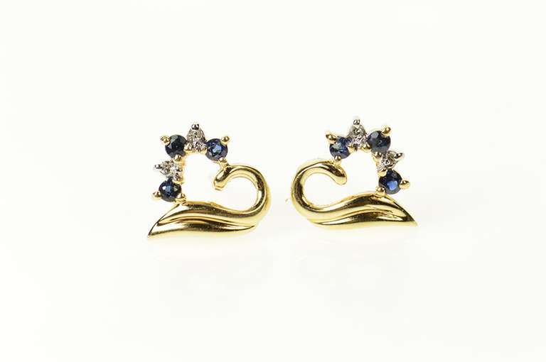 14K Yellow Gold Classic Sapphire Diamond Heart Stud Earrings