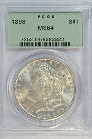 Super 1898 Morgan Silver Dollar in old green PCGS MS64