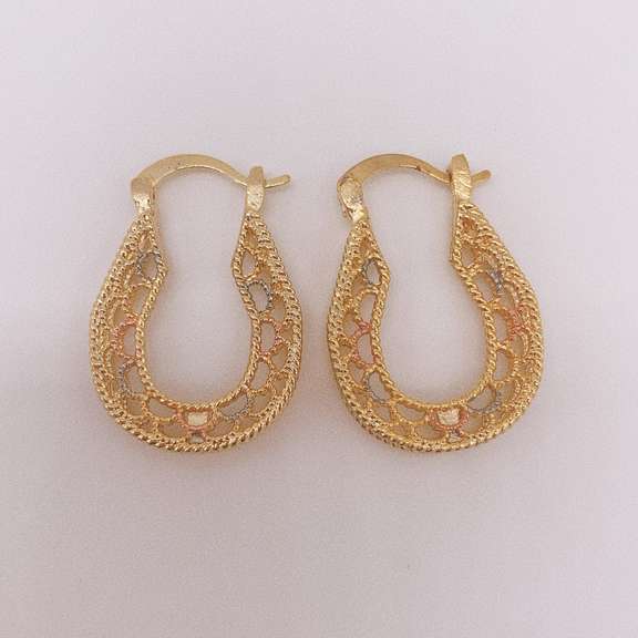 Fancy Italian 18kt Gold Plated Filigree Tricolor Hoop Earrings