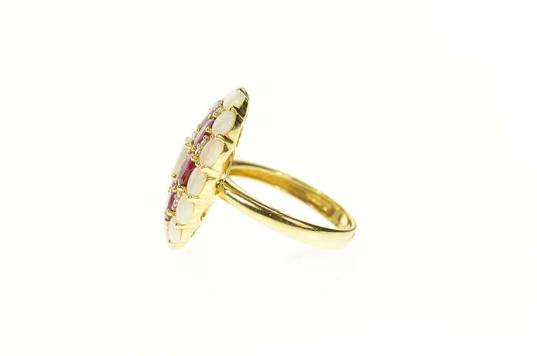 18K Yellow Gold Opal Ruby Diamond Halo Cocktail Statement Ring
