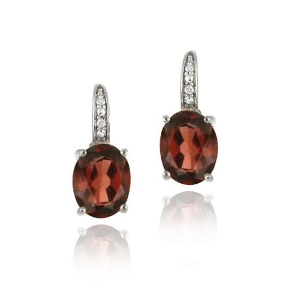Sterling Silver 6.2 CT. Garnet & Diamond Oval Leverback Earrings