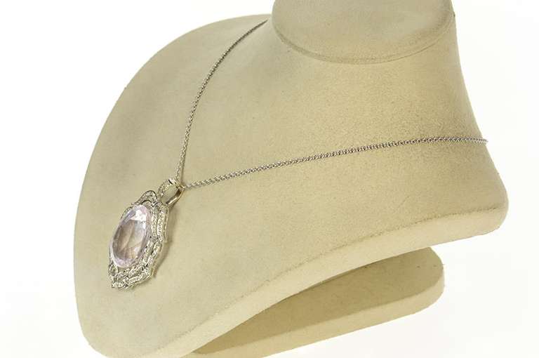 18K White Gold 37 Ctw Pear Kunzite Diamond Ornate Pendant