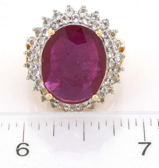 Ravishing Massive 10.00CTS Oval Diamond Cut Ruby & Topaz Ring in Vermeil