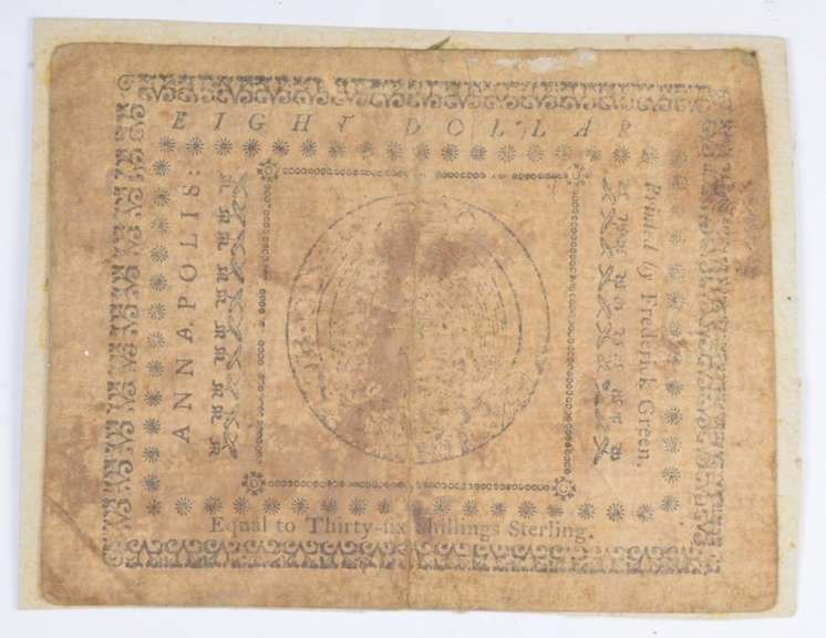 1776 Colonial Maryland - Annapolis 8 Dollars Note