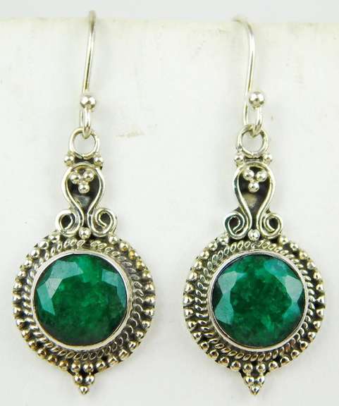 Ornate Natural Mine Cut Emerald Sterling Earrings