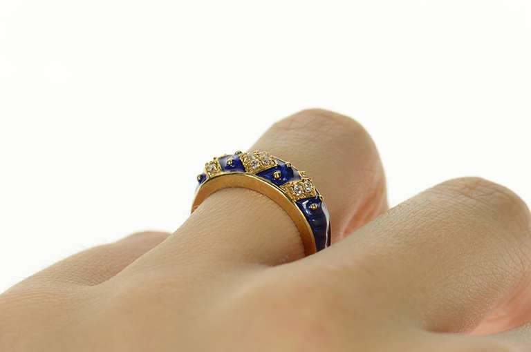 14K Yellow Gold Royal Blue Enamel CZ Statement Band Ring