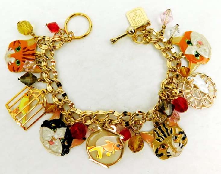 Signed Enamel & Crystal Cat Charm Bracelet