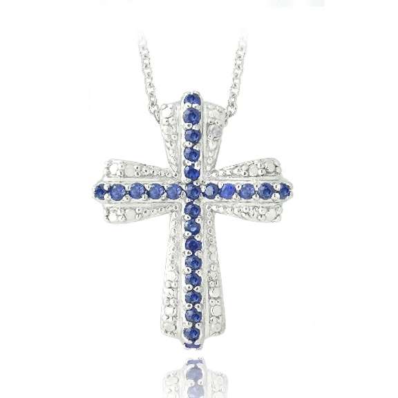 Silver Tone Created Sapphire & Diamond Accent Cross Necklace