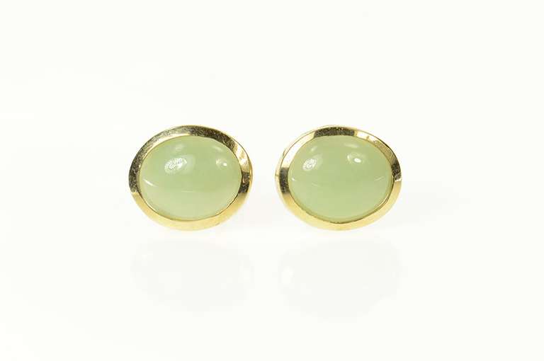 14K Yellow Gold Oval Jadeite Cabochon Classic Stud Earrings