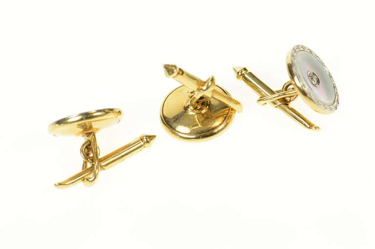 14K Yellow Gold Art Deco Mother of Pearl Diamond Buttons Cuff Links