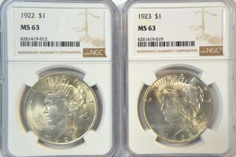 Choice BU 1922 & 1923 Peace Silver Dollars. NGC MS63